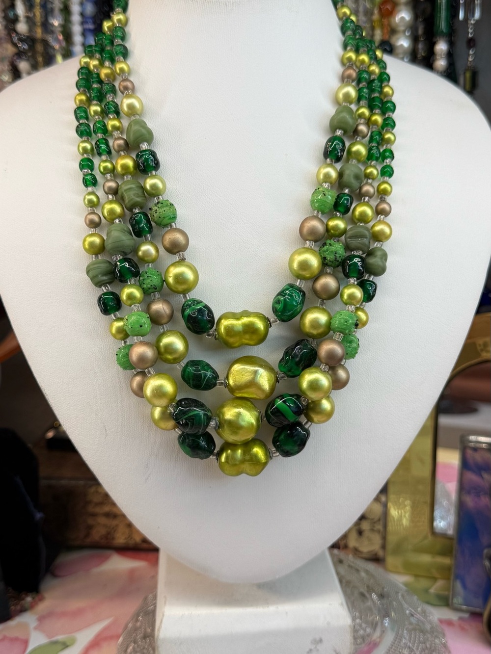 Vintage Japan Multi-Strand Green Glass & Lucite Statement Beaded Necklace